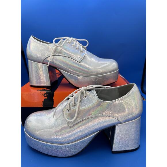 Silver Platform 70s Pimp Daddy Disco Dancer Soul Halloween Costume Shoe Men 8/9 - Picture 1 of 6
